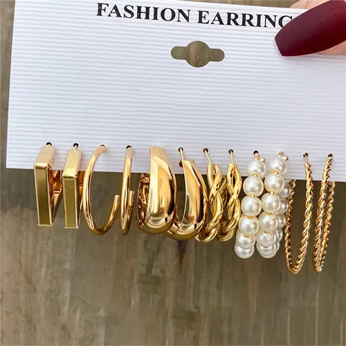Fashion Geometric Hoop Earrings Set for Women Vintage Bohemian Pearl